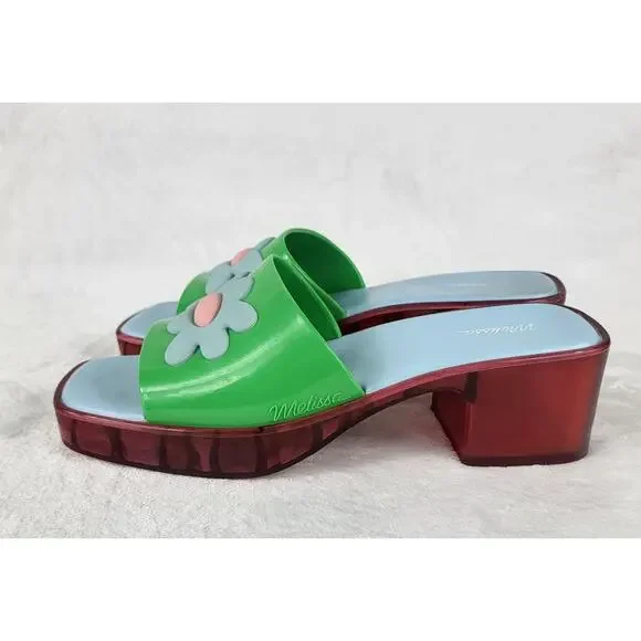 Lazy Oaf x Melissa Platform Slides Green Flower Sandals Chunky Heel Retro | 6 - Picture 4 of 13